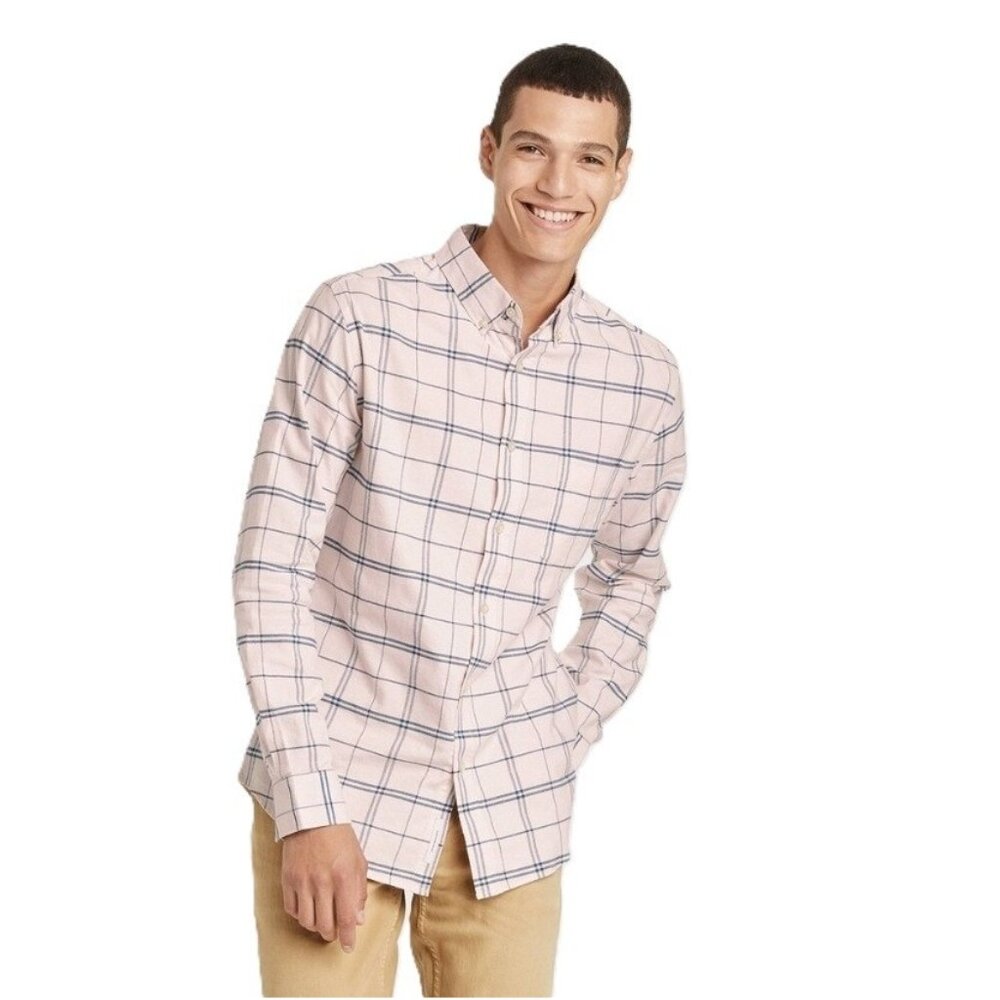 Goodfellow Light Pink & Blue Plaid Slim Fit Flannel LS Casual Shirt -- XXL 50/52